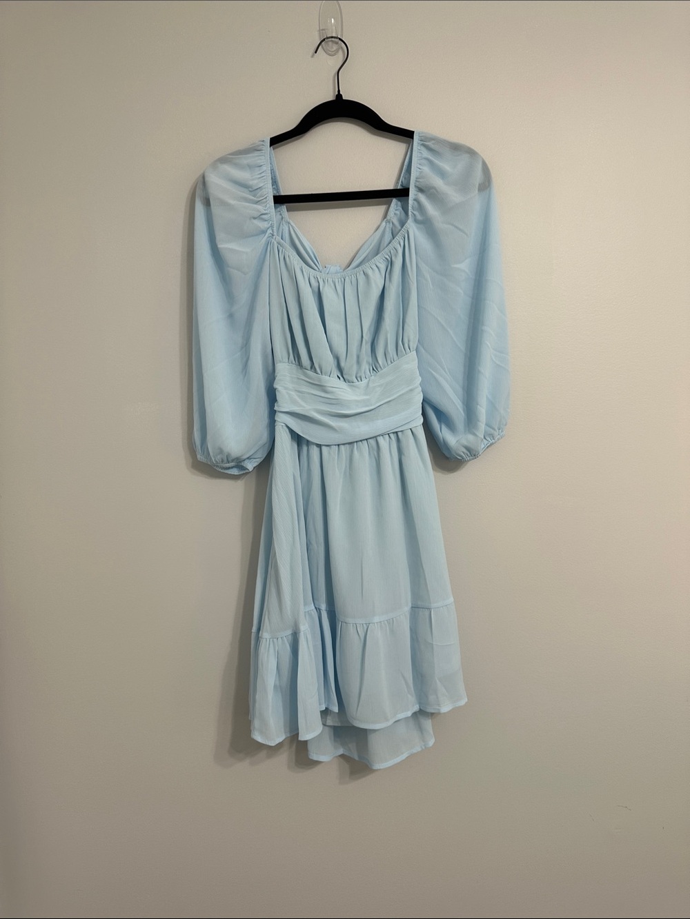 Light Blue Puff-Sleeve Mini Dress with Ruched Waist
